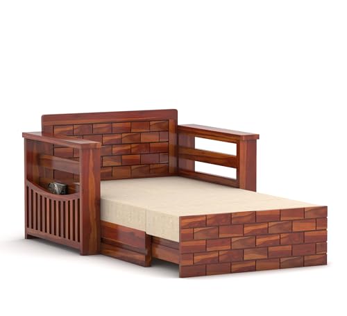 Image of Sheesham Wooden 2 Seater Sofa Cum Bed with Mattresses for Home Living Room | Rosewood 2 Seater Sofa Cums Bed for Bedroom Without Pillow | Solid Wood Sofa Bed (Honey B, 2 Seater)