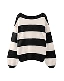 Sweaters for Womens Fall Winter Y2K Oversized Preppy Jumper Sweaters Lightweight Knit Color Block Pullover Sweater,Black White Stripe,L