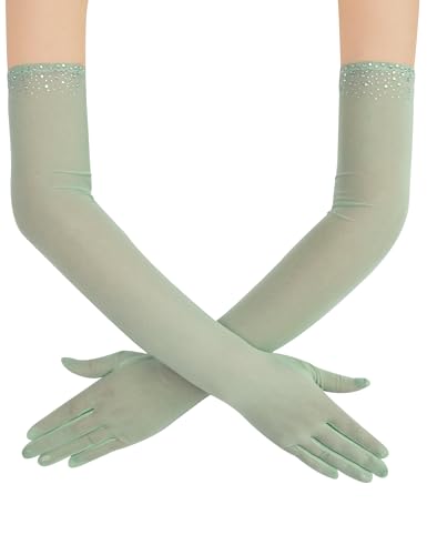 XXDingbs Womens 20s Sexy Sheer Long Gloves Beaded Tulle Mesh Gloves for Opera Wedding Party Dance Prom Sage