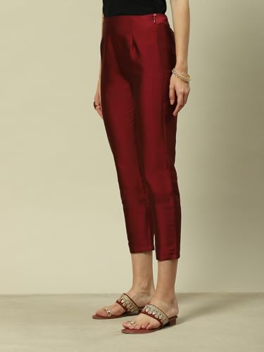 Image of Maroon Polyester Slim Solid Pants