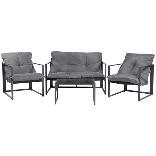 OHS Patio Set Outdoor 4 Seater Piece, Garden Furniture Sofa Chairs Metal Frame Glass Top Coffee Table with Soft Plush Cushions with Ties Included - Miami, Grey