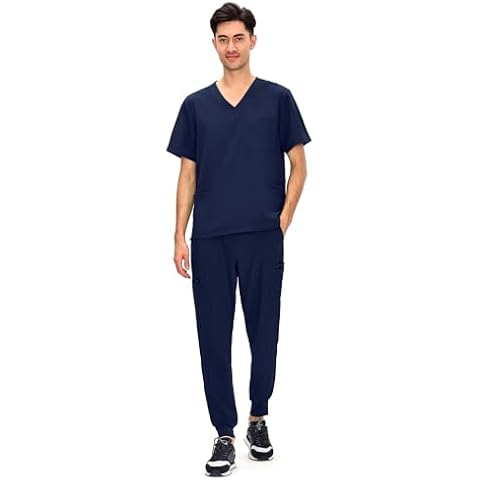 COZYFIT Scrubs for Men — 4 Pockets V-Neck Scrub Top and 7 Pockets Jogger Pants Mens Scrubs Set, Navy Blue, M Cover