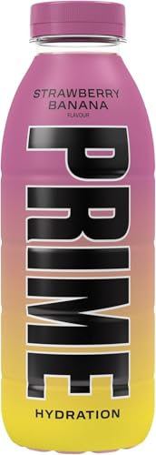 PRIME Hydration Strawberry Banana, Bebidas deportivas, Electrolitos mejorados para reponer líquidos, 250 mg de BCAA, vitaminas B, antioxidantes, bajo contenido en azúcar, 500 ml (Paquete de 6)