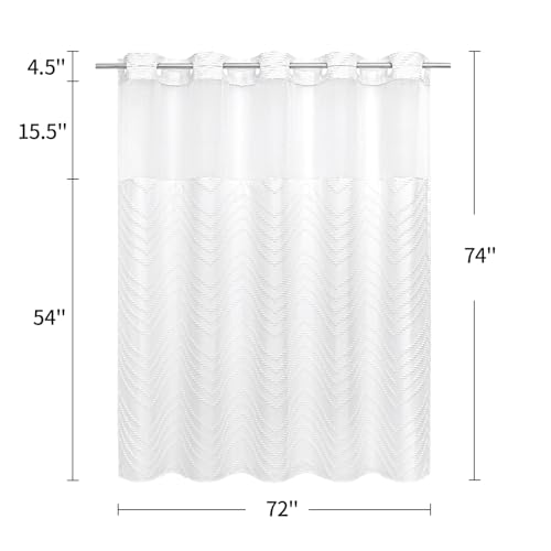 Craidlela No Hooks Boho White Shower Curtain Set with Snap-in Liner, Farmhouse Woven Fabric Tufted Chevron Striped Textured Shower Curtain, Modern Style with See Through Window 72 x 74 by Craidlela - Used condition - Image 6
