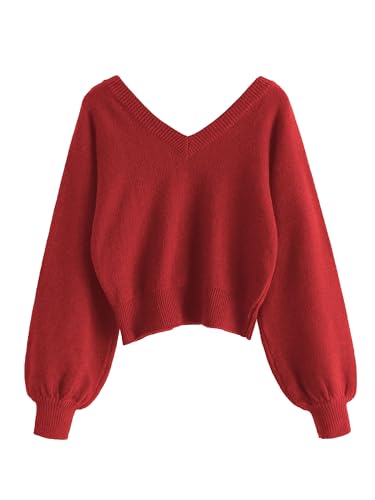 Image of ZAFUL Women's Cropped Sweater V-Neck Long Sleeve Pullover Jumper Knit Top | Crop Length, Ribbed Knit, Double V design, White sweater, Raglan sleeves, lantern sleeve, Fall & Winter, Loose fit, Oversized