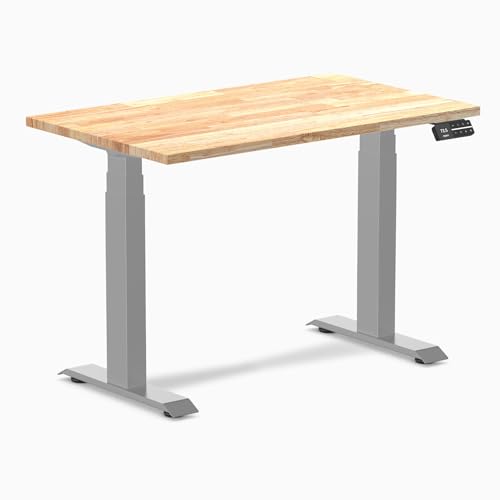 Image of Desky Small Electric Standing Desk, 40 x 24 inches Rubberwood Height Adjustable Sit Stand Desk with Dual Motor and Memory Presets, Compact Home Office Workstation - Natural Wood Top