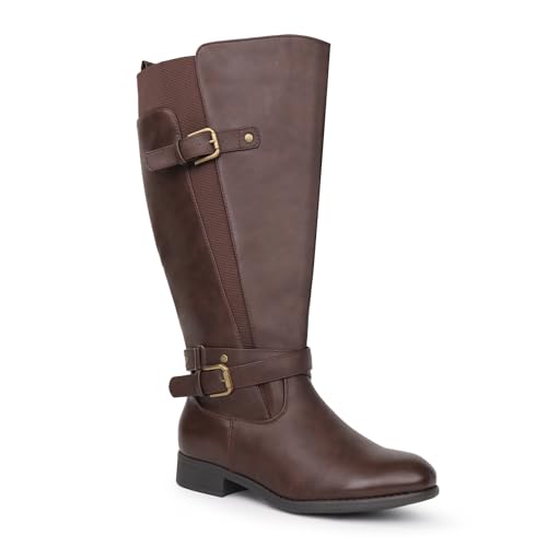Chicblooms Botas de equitación para mujer, de caña ancha, tacón bajo, con correa al tobillo, diseño delgado, marrón, 43 EU