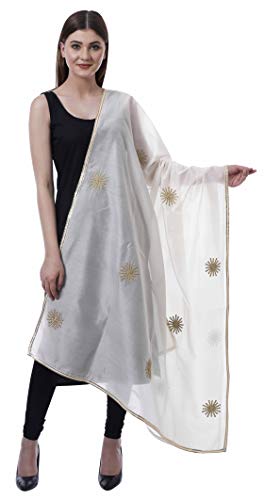 Moomaya Coton Blanc Brode Chanderi Zari & Chale Ethnique Travail Fil Dupatta Indien Longtemps Vole Cover