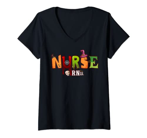 Mujer Cute Girls RN Nurse - Calabaza para Halloween Camiseta Cuello V