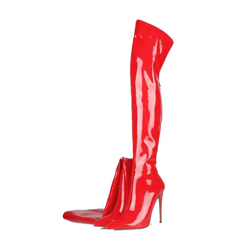 Image of Thigh high boots for women striped Back zipper Burgundy Zebra Print Over the knee Sexy gold white pointed toe Cow Print leopard Magenta stiletto heel