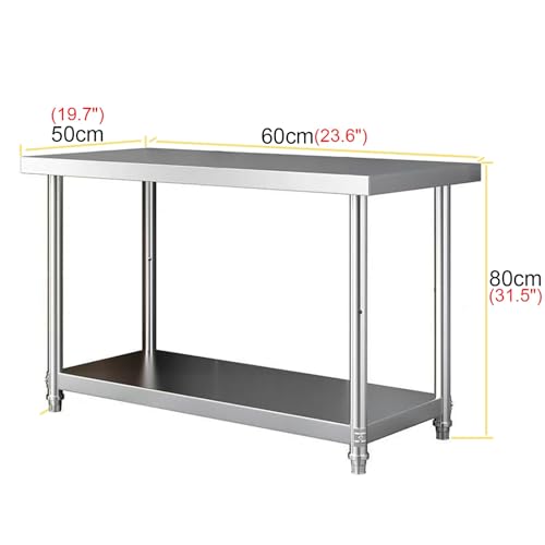 Dwupokładowy stół warsztatowy ze stali nierdzewnej - komercyjny stół do przygotowywania restauracji z otwartymi stojakami do przechowywania pogrubiona metalowa konstrukcja 89 cm x 50 cm x 80 cm