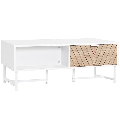 HOMCOM Mesa de Centro con Cajón Estante Abierto y Patas Elevadas de Metal Mesa de Café Nórdica para Salón Sofá Dormitorio 100x50x40 cm Blanco y Roble