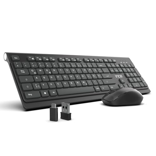Kabelloses Tastatur Maus Set – inca IWS-519 Wireless Combo mit 12 Multimedia-Tasten, 2.4GHz Verbindung, USB & Typ-C Empfänger, leise Slim Chocolate Tasten, für Windows, Büro & Zuhause