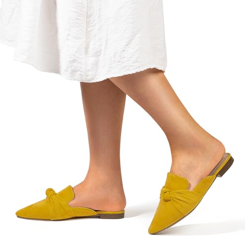 Image of MUSSHOE Mules for Women with Bow Knot: Pointed Toe Flats - Cloud-Cushion Suede Backless Loafers for Office & Casual Wear - Wide-Fit Friendly Slip On Slides with Memory Foam