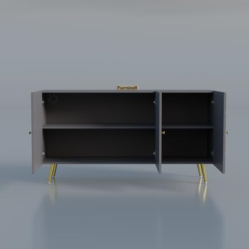 Image of Wooden Sideboard Cabinet for Living Room & Bedroom | Geometric Design Side Board Crockery Cabinet with 3 Doors Storage for Home | HDMR Premium Wood | Golden Metal Legs (Grey)