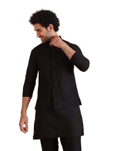 Image of Kisah Men's Cotton Blend Textured Nehru Jacket Regular Fit | Designer Ethnic Layering | Wedding & Occasion Wear