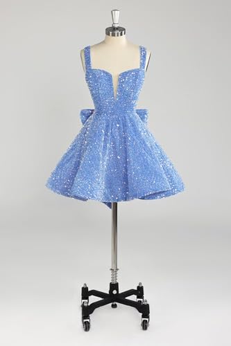Fu Jiang Sparkly Sequin Homecoming Dresses 2025 Short Spaghetti Straps V Neck Cocktail Party Gowns with Bow3