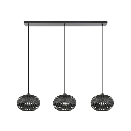 Eglo Towcester - Lampadario a sospensione 3 luci su tavolo da pranzo, lampada soffitto stile boho in bambù e metallo di colore nero, attacco E27, diametro 112 cm