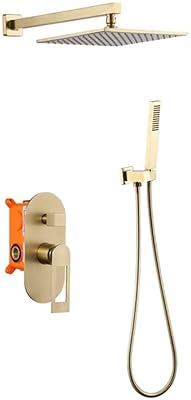 Shower System, Wall Mounted Brushed Gold Brass Shower Taps Set with 8-12" Brass Square Rainfall Shower Head and Handheld Shower, Luxury Shower Set,10