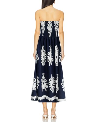 Image of Women Strapless Smocked Flowy Swing Boho Maxi Dress Tube Top Beach Dress | Smocked Bodice Flowy A Line Beach Dress with Pocket Casual Vacation Beach Wedding Guest Dress Off Shoulder Boho Dresses