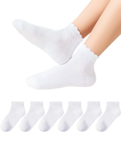 Girls White Ruffle Socks School Uniform Kids Cotton Crew Ankle Cute Frilly Dress Socks 6 Pack