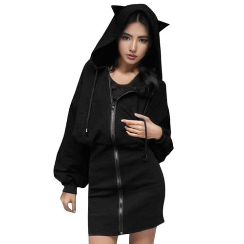 Vestido de suéter punk con capucha y cremallera para mujer manga larga