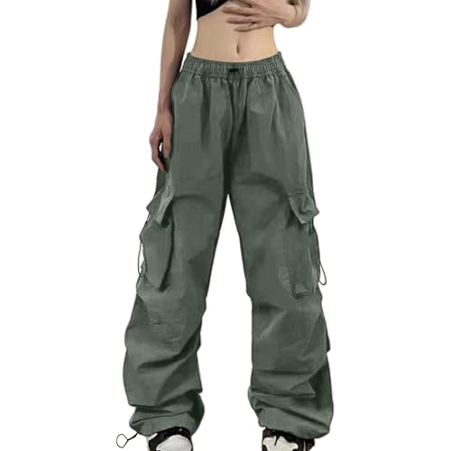 Pantalón cargo para mujer, baggy, cintura alta, estilo Y2K, paracaídas, vintage, hip hop, casual, ropa para adolescentes, chicas, ropa callejera, con múltiples bolsillos, O Verde, M