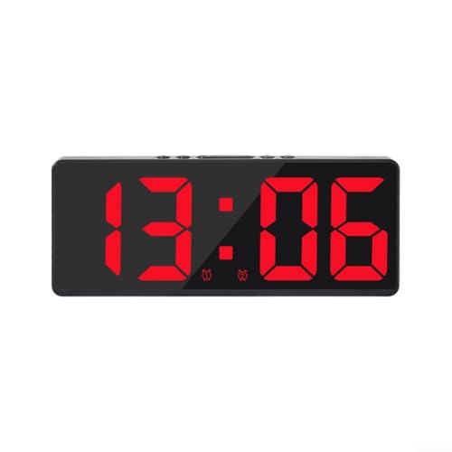 Reloj despertador digital con espejo LED avanzado que integra activación por voz y monitoreo de temperatura ambiente en tiempo real (carcasa negra roja)
