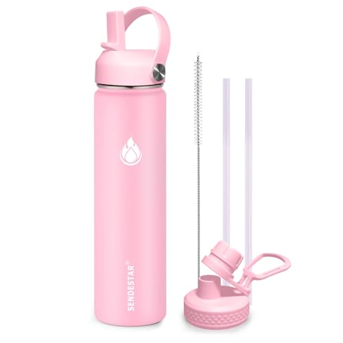 Image of SENDESTAR Stainless Steel Wide Mouth Water Bottle 24oz Double Wall Vacuum Insulated Leak Proof Bottle with New Flex Straw Lid & Spout Lid