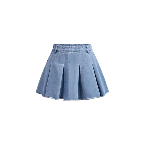 Nivne Tco Teen Girls Denim Skirt - High Waist Raw Hem Mini Pleated Skirt with Hidden Zipper Stretch Light Blue Jean Skirt (US Age 15 Years Blue)