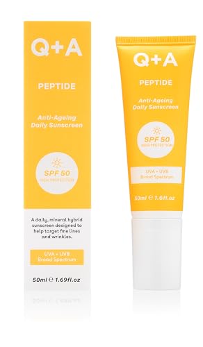 Q+A Protector Solar Diario Antiedad con Péptidos SPF 50: Ligero, No Pegajoso, Amplio Espectro UVA/UVB, Estimula el Colágeno, Hidratante, Mejora la Luminosidad, 95% Natural, Vegano, SPF Facial, 50ml