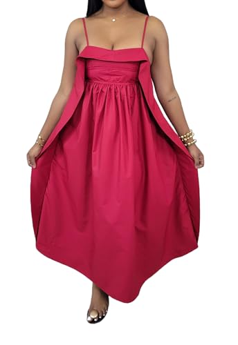Image of YUEWOO Midi Dresses for Women Casual Summer Sundresses Vacation Outfits Spaghetti Strap Smocked Women Maxi Dress with Pockets
