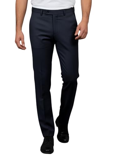 Image of LIVE IN Mens Navy Blue Cotton Slim Fit Mid Rise Solid Formal Trousers