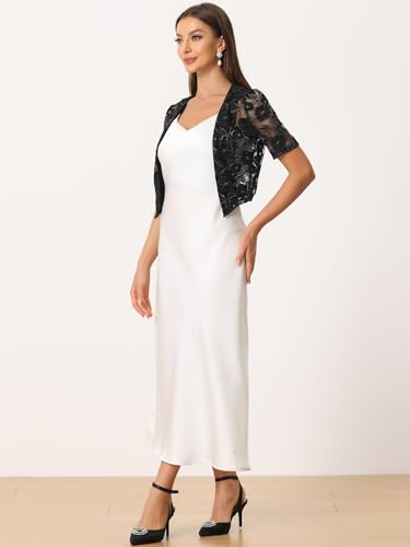 Image of Allegra K Lace Shrug Top for Women's Elegant Sheer Short Sleeve Shiny Floral Crop Cardigan