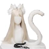 猫耳 カチューシャ コスプレ 白猫 黒猫 しっぽ ハロウィン ねこ キツネ 仮装 耳+しっぽセット (ホワイト)