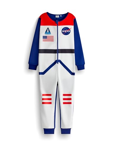 NASA Jungen Onesie | Kinder Einteiler Schlafanzug in Blau & Weiß | Kinder Nachtwäsche Reißverschluss Jumpsuit mit Amerikanischem Raumfahrtlogo | NASA Astronomie Body Loungewear Merchandise Geschenk