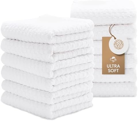 Super Absorbent Kitchen Towels 12 Pack - Premium 100% Cotton Kitchen Towels, 450GSM Thick Machine Washable White Dish Towels for Kitchen Drying, Cleaning, Dobby Weave, Unmatched Quality