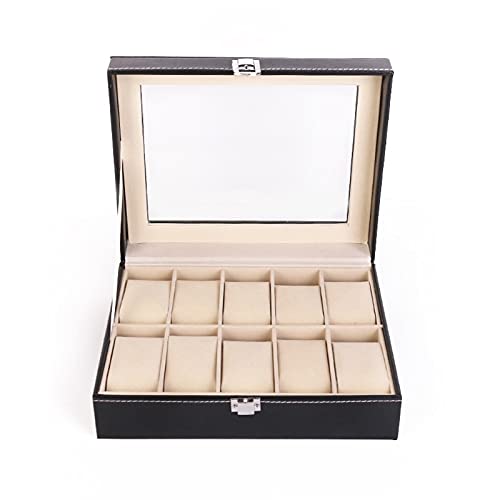 10 rejillas caja de reloj de cuero PU relojes vitrina joyería titular organizador de almacenamiento con cerradura