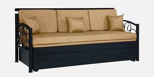Image of 3 Seater Metal Sofa Cum Bed with Hydraulic Storage | Sofa Set for Living Room, Bedroom, Guest Room| Queen Size Convertible Sofa Bed | Comfortable Seating Sofa Camel & Black