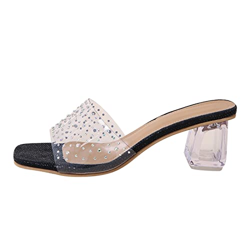 Genérico Zapatos Tacón Mujer, Sandalias Mujer Plataforma, Pvc Transparentes Strass De Verano Moda Cabeza Cuadrada Punta Abierta Cristal Tacón Grueso Chanclas