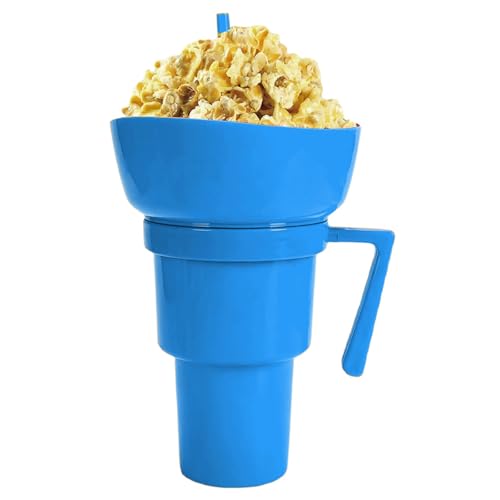 Snack and Drink Cup Combo Cup 32 Oz Bowl and Drink Cups Combo 2 in 1 Drin-k Cups with Snack Bowl on Topwith a Spill-Proof Lid Stadium Tumbler with Snack Bowl with Straw Travel Snack (blue)