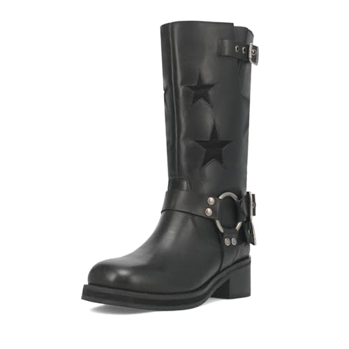 Image of Goolita Women's Buckle Biker Knee High Boots Square Toe Chunky Heel Star Moto Mid Calf Boots Slip On Motorcycle Riding Boot