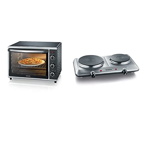 SEVERIN Back- und Toastofen mit Umluftfunktion, Mini Backofen mit Grillrost, Backblech, 1.800 W, schwarz, TO 2058 & Doppel Kochplatte für Küche, Büro oder Camping, Edelstahl, 2.500 W, KP 1014 SEVERIN Back- und Toastofen mit Umluftfunktion, Mini Backofen mit Grillrost, Backblech, 1.800 W, schwarz, TO 2058 & Doppel Kochplatte für Küche, Büro oder Camping, Edelstahl, 2.500 W, KP 1014