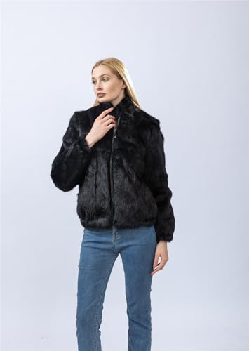 LVCOMEFF Women Natural Rabbit Fur Coat With Hood Jacket With High Collar Furry3