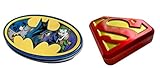 DC Comic Candy Tins - Two (2) Collectible Tins Batman Nemesis and Superman S-Shield filled with Blue Raspberry & Sour Cherry Flavor Candies - Batman & Superman Logo Shaped Candy