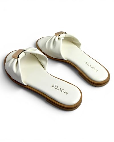 Image of MOVIDA Lumi Ruched Bow-Strap Flat Slide Sandal, White, for Casual Beach and Resort Wear, with Cushioned Footbed and Light Gold Square Buckle