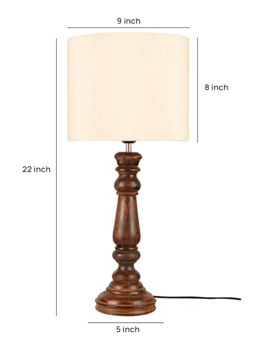 Image of Green Girgit Classic Wooden Lamp in Walnut Brown Color with Jute White Shade, Farmhouse Table Lamp with Wooden Base, Cream Fabric Shade, Traditional Style (LED Bulb Included)