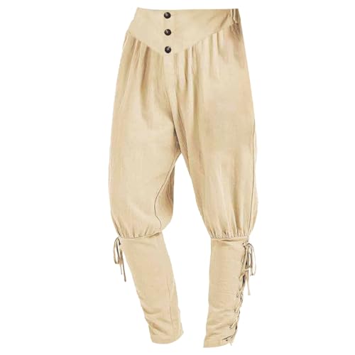 Pantalones medievales para hombre, estilo renacentista, vikingo, pirata, con cordones, cónicos, modernos, informales, de lino, beige, L