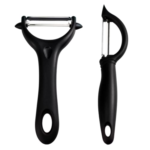 IheDovb Juego de 2 peladores de 14,5 x 7,5 cm, acero inoxidable, pelador de patatas y verduras, universal, para frutas y verduras (negro), A0023K