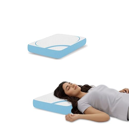 Image of Cervical Neck Support Pillow, High Density Memory Foam Contour for Sleeping, 50x30x6 cm, White and Sky Jacquard Shell, Orthopedic Bedding Cushion for Snoring Relief, Aligned Spine